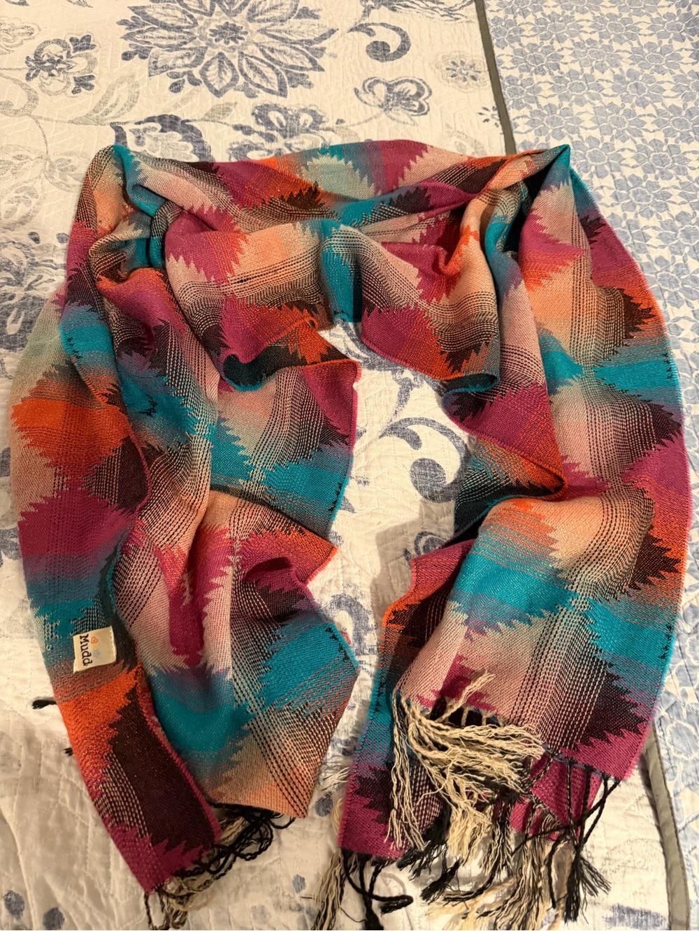 Mudd Multicolor Geometric Fringe Scarf - Teal, Pink, Orange, Cream, Black